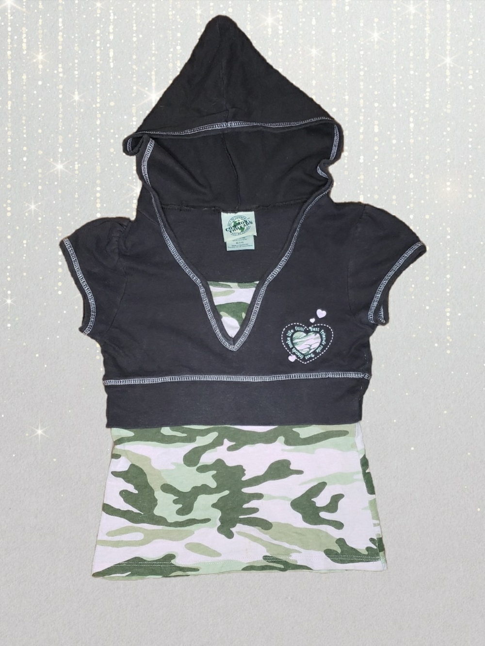 Common Threads Brown Light Pink Camo Hoodie Baby Tee Tshirt Y2k Vtg